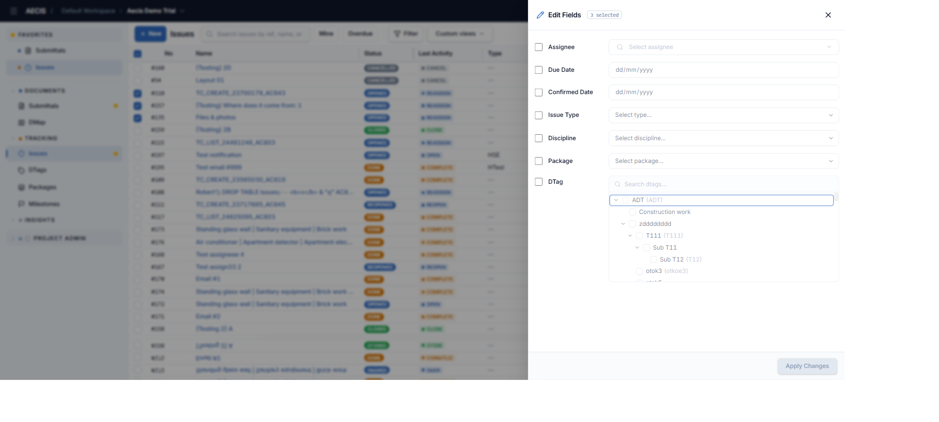 Bulk Edit Fields panel
