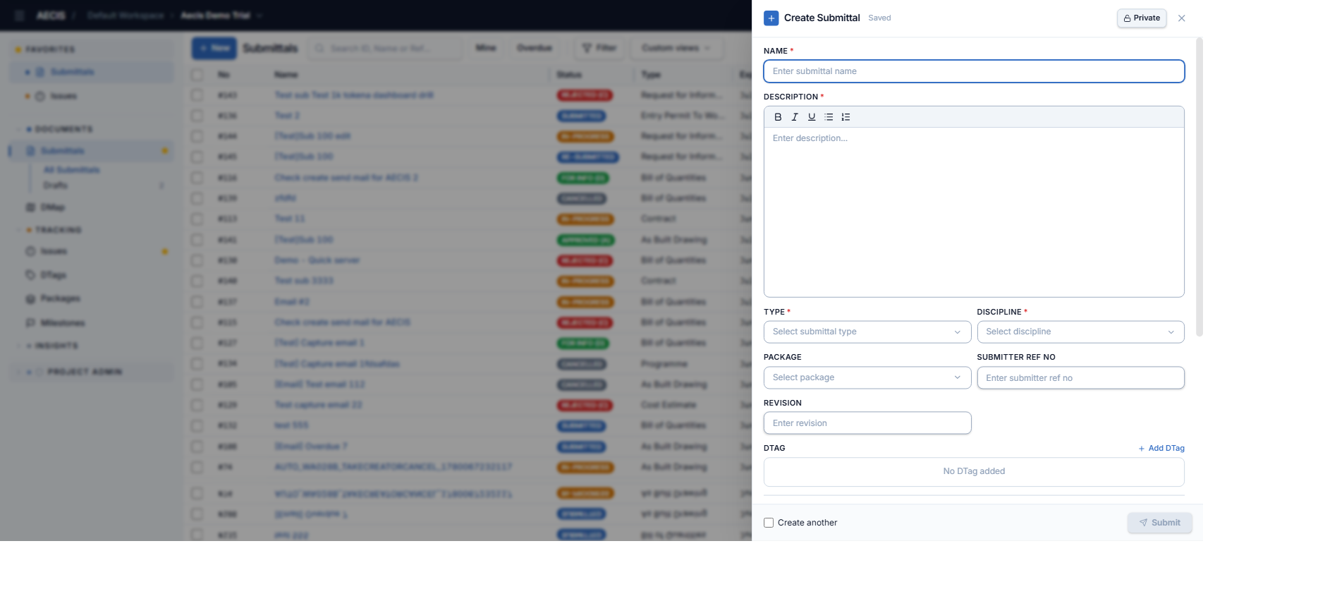 Create Submittal panel