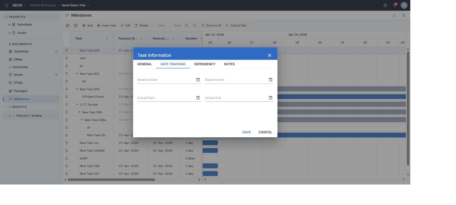 Edit dialog — Date Tracking tab