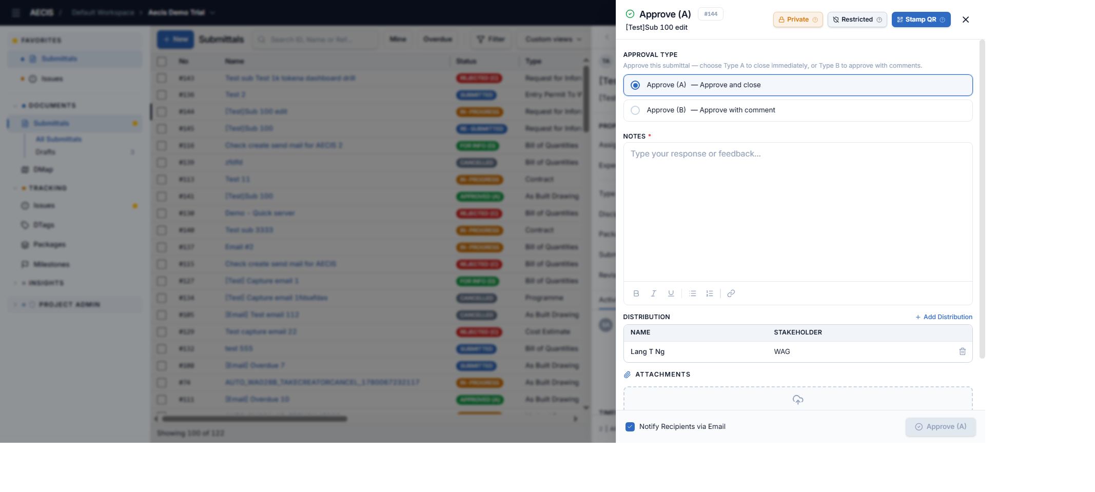Action dialog with the Private toggle enabled