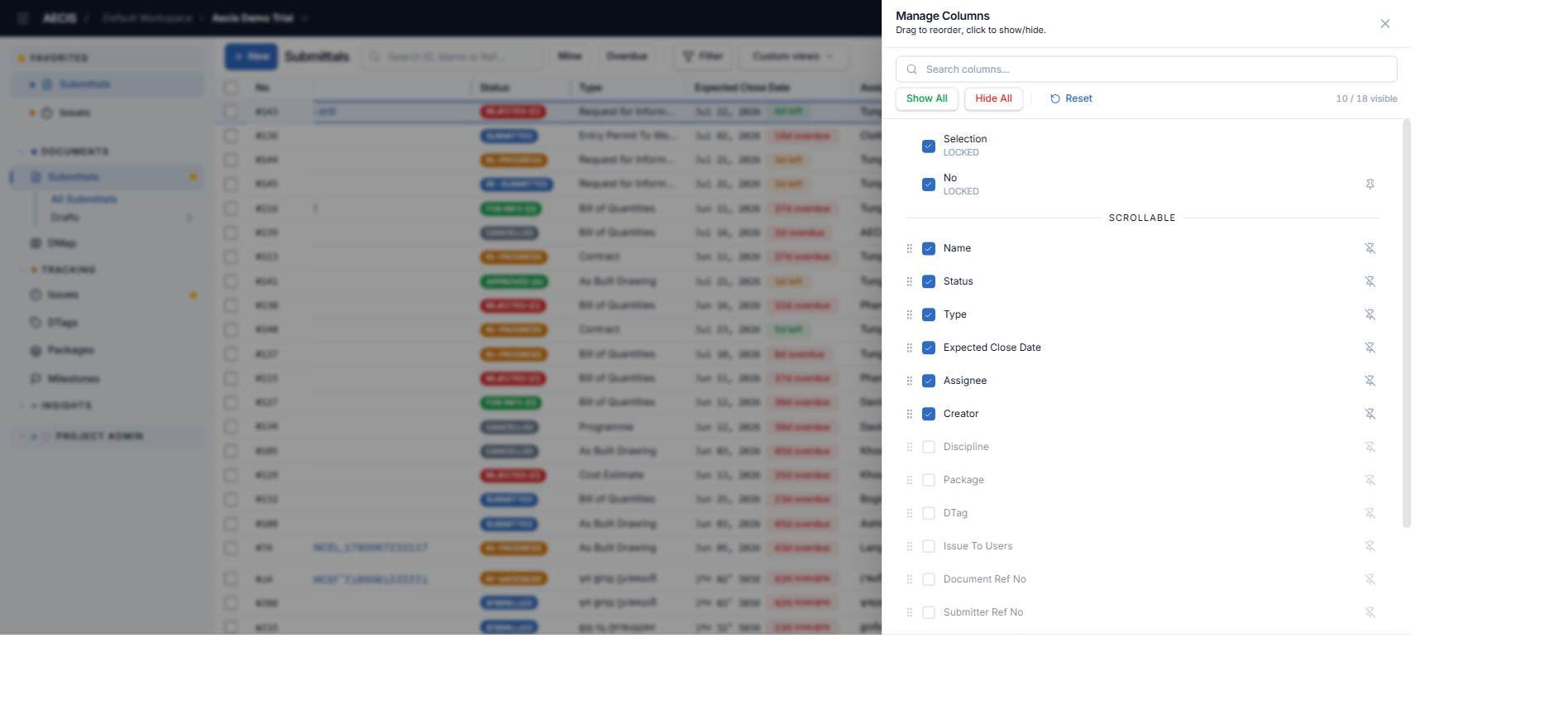 Manage Columns panel
