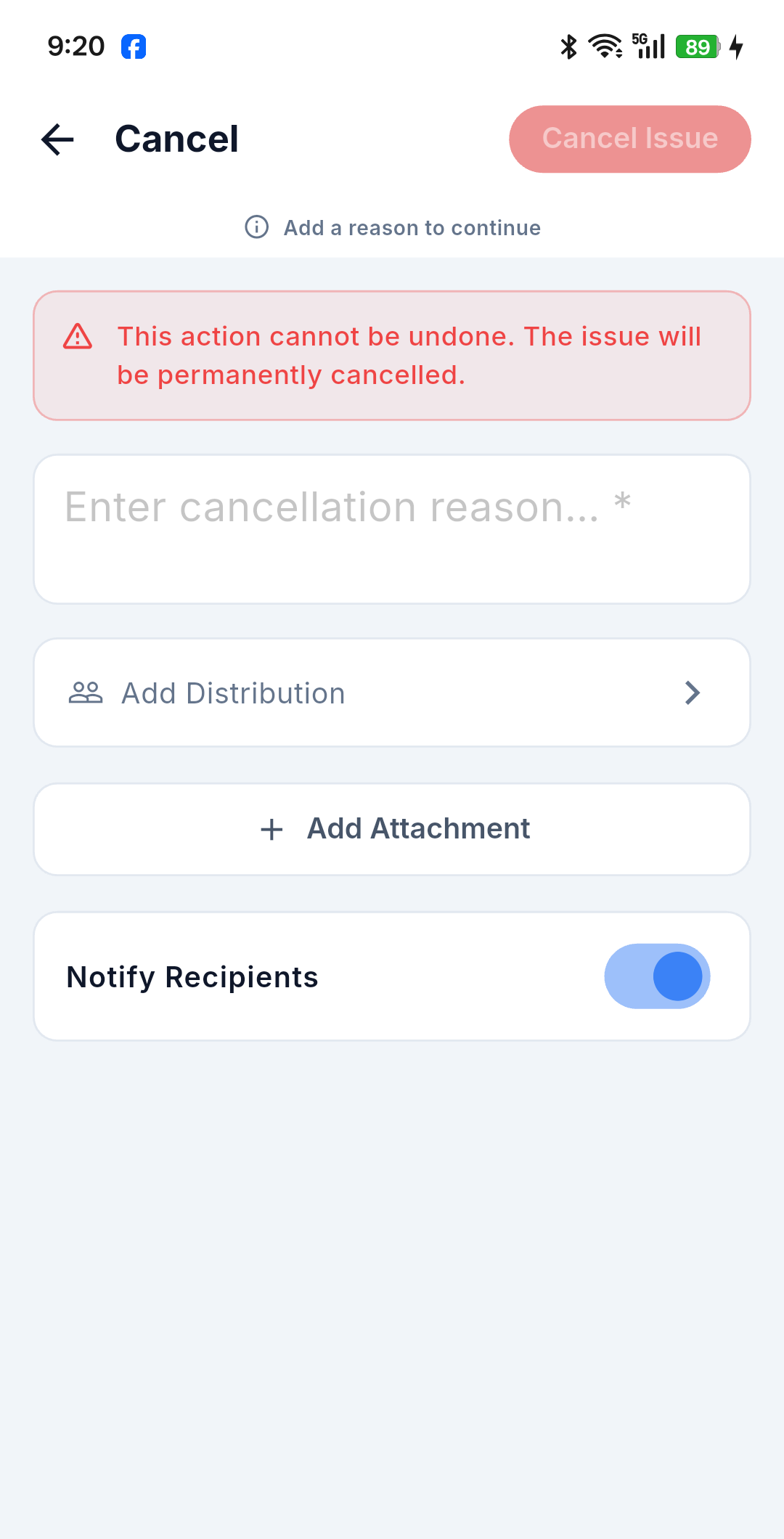 Form Hủy issue (Cancel)