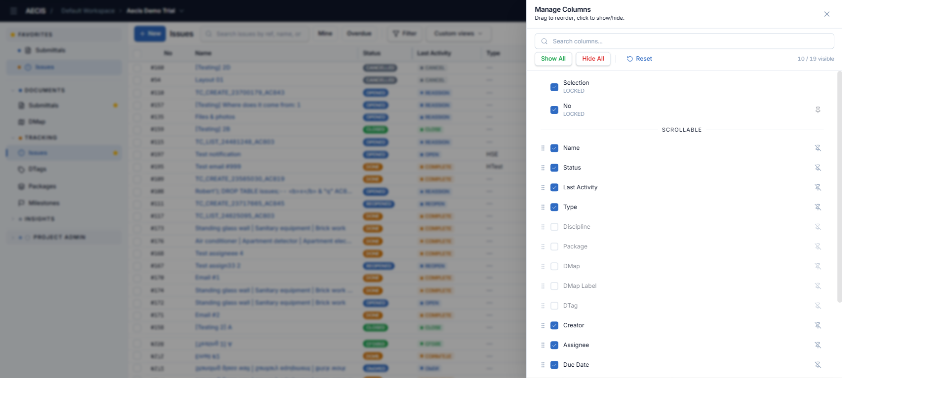 Panel Manage Columns