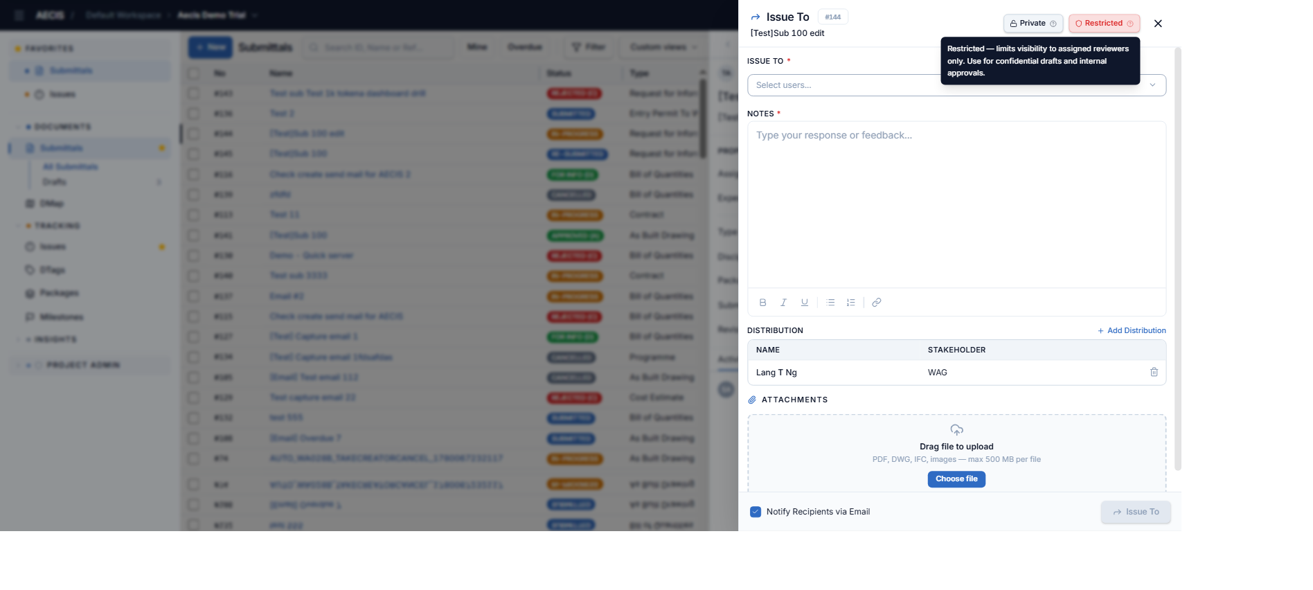 Dialog Issue To với chế độ Restricted đã bật